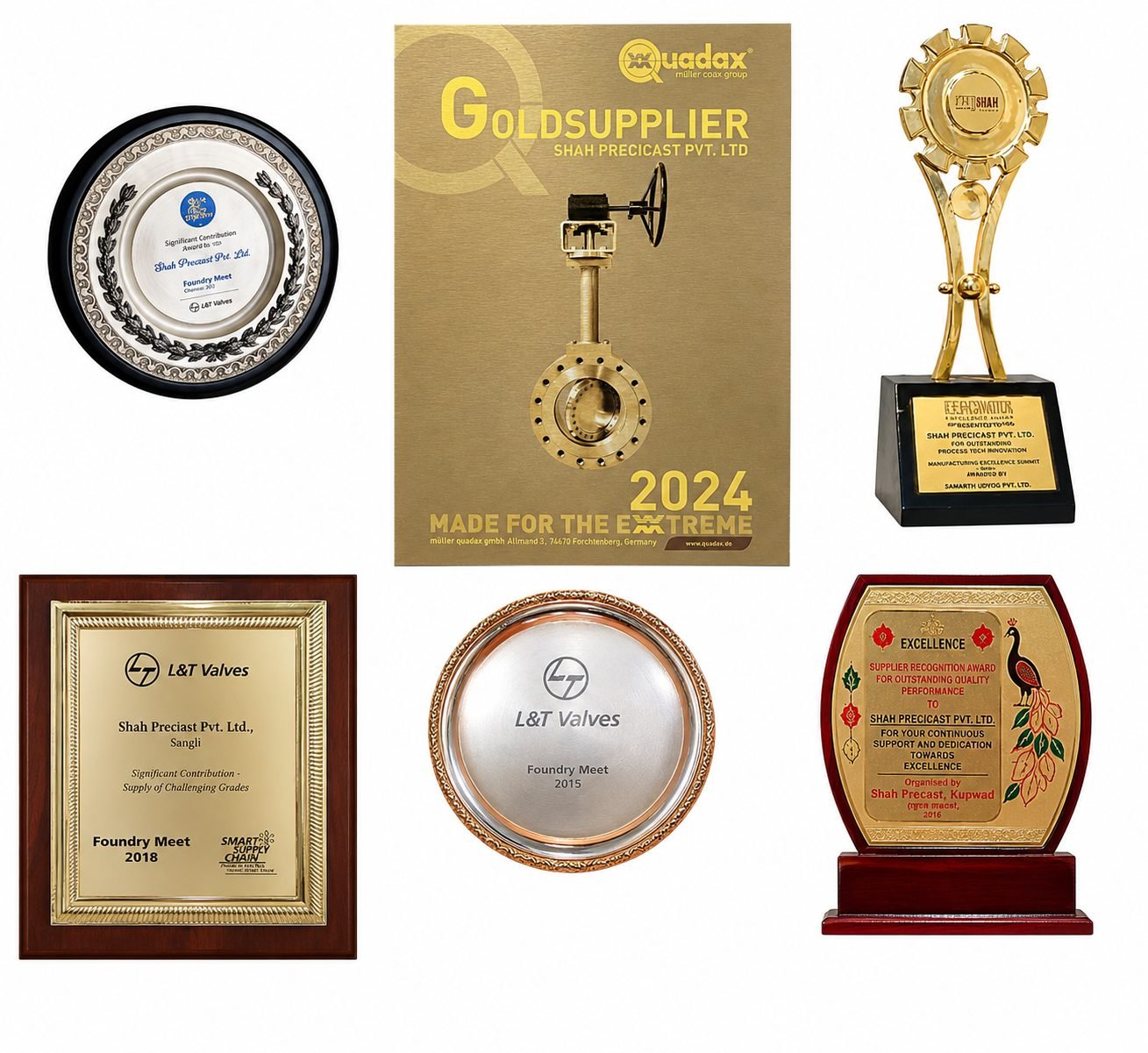 Collage of award plaques and trophies presented to Shah Precicast Pvt. Ltd.